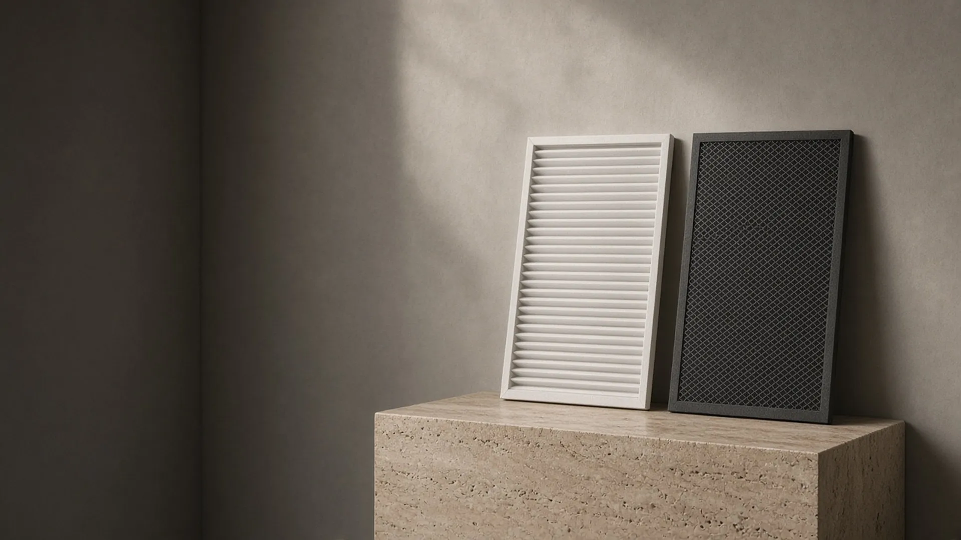 A pleated filter and a carbon filter on a stone plinth