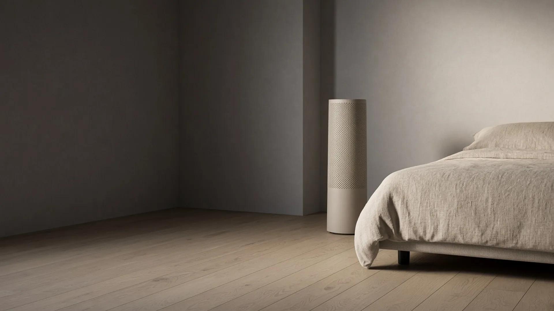 A plain air purifier in a spacious bedroom