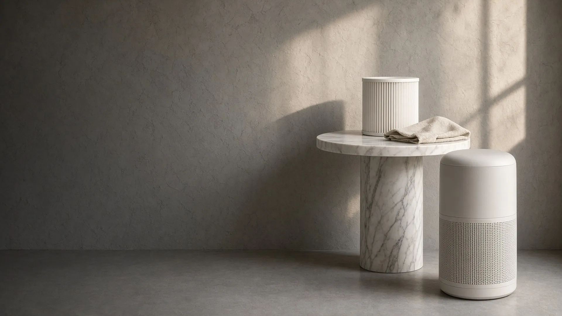 A fresh filter on a side table beside an air purifier