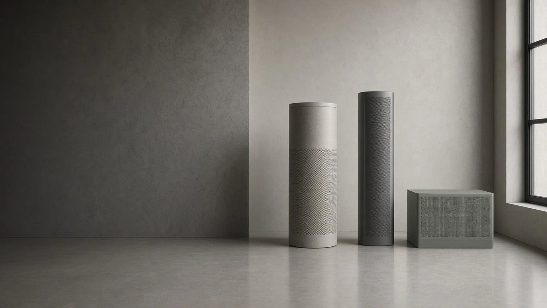 Three plain air purifier shapes on a pale floor