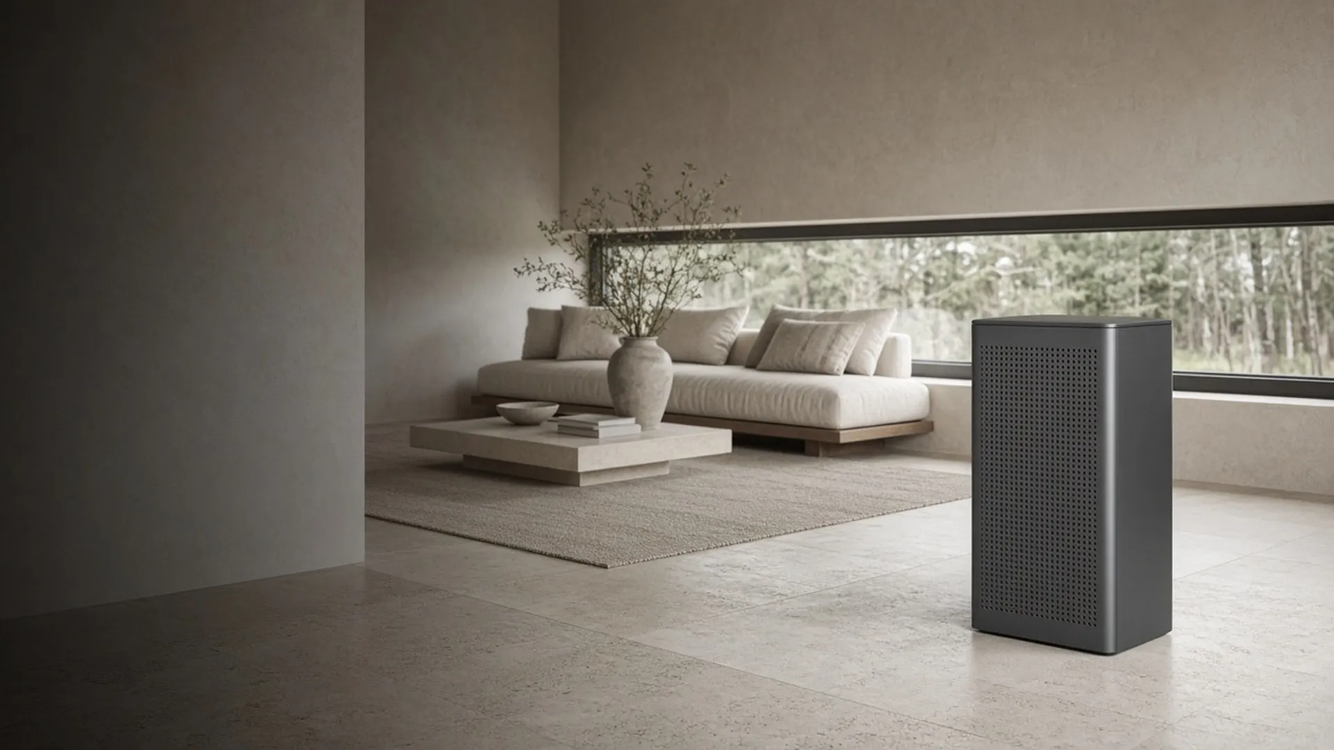 A plain air purifier in a calm, evenly lit room