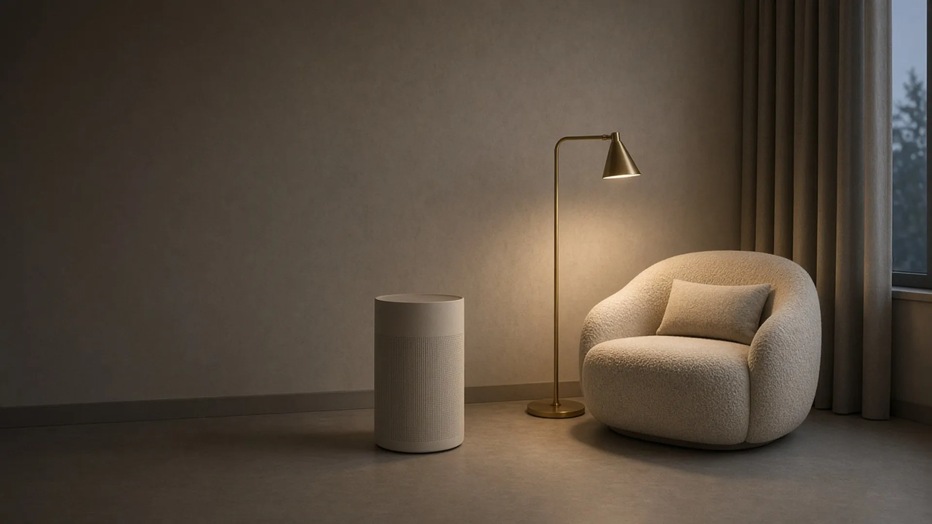 A plain air purifier with clear space around it in a reading nook