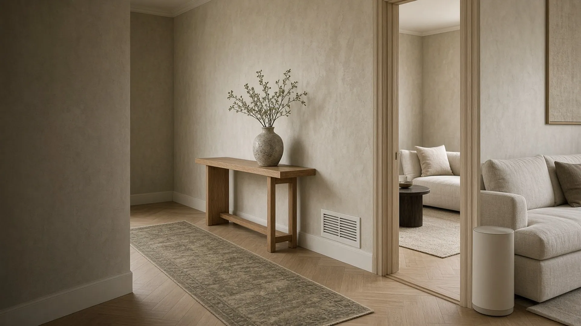 A wall air grille in a hallway and an air purifier beyond