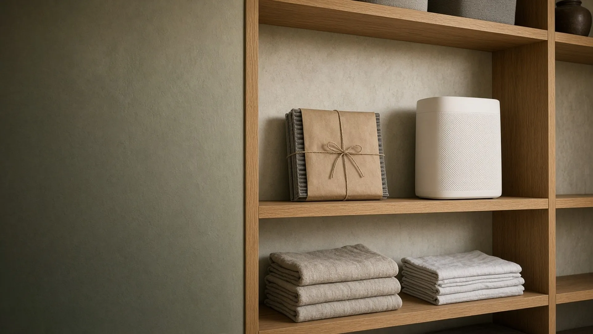 An air purifier on a shelf beside a wrapped replacement filter
