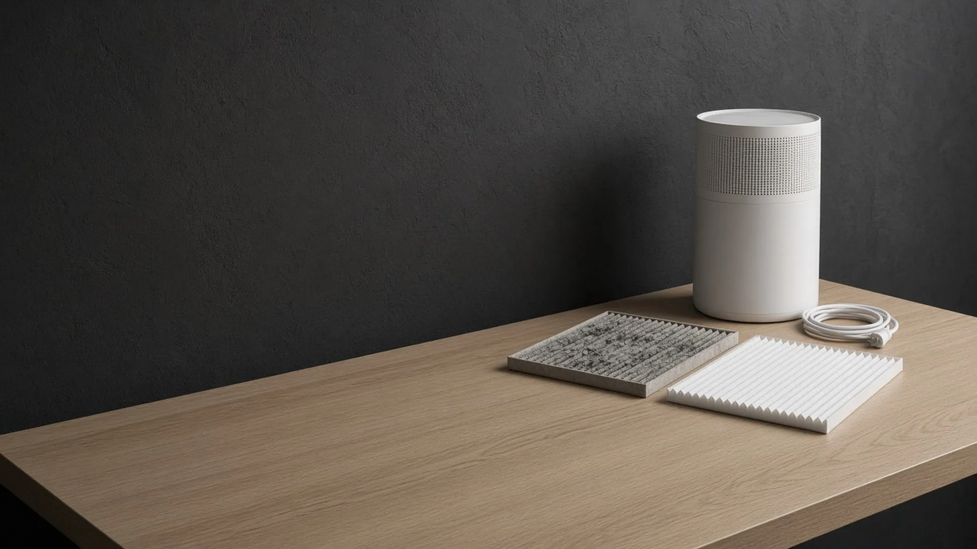 A white air purifier, coiled cord, and two pleated filters, one grey, on an oak table