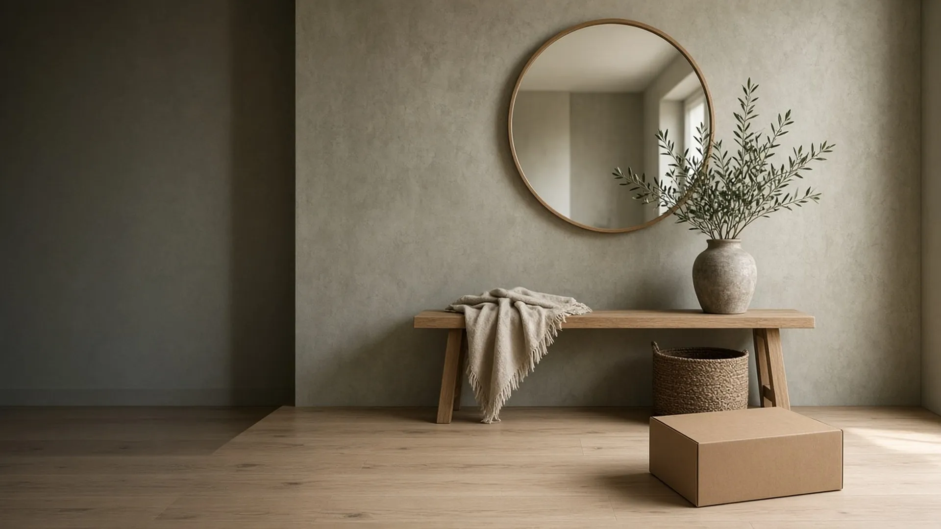 A plain sealed box in a sunlit entryway