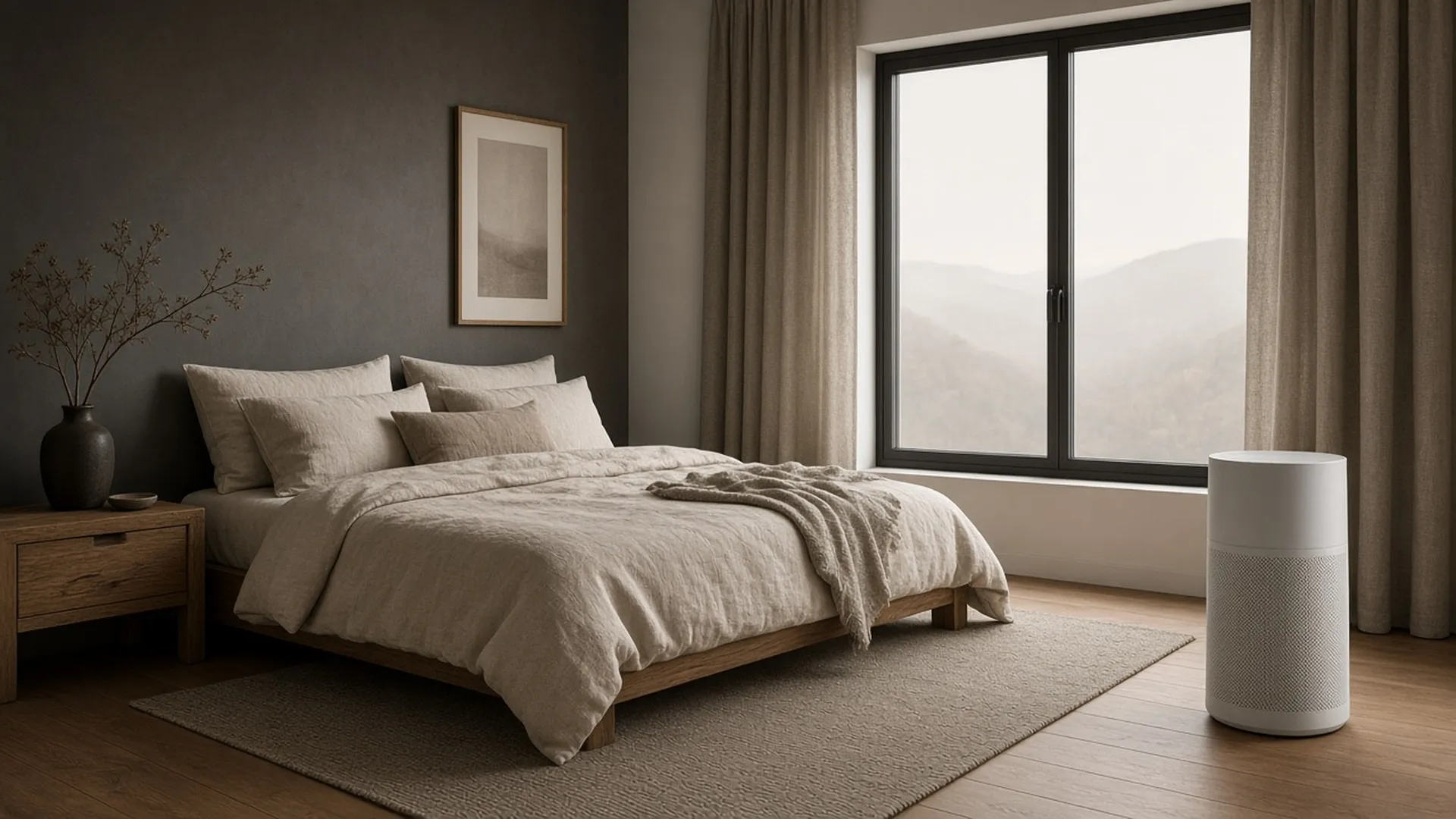 A calm bedroom with windows closed and a plain air purifier