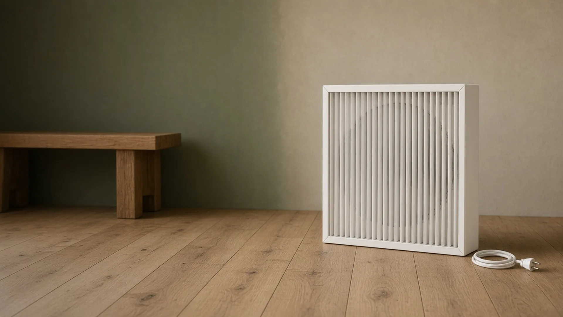 A plain box fan with a pleated filter on a wooden floor