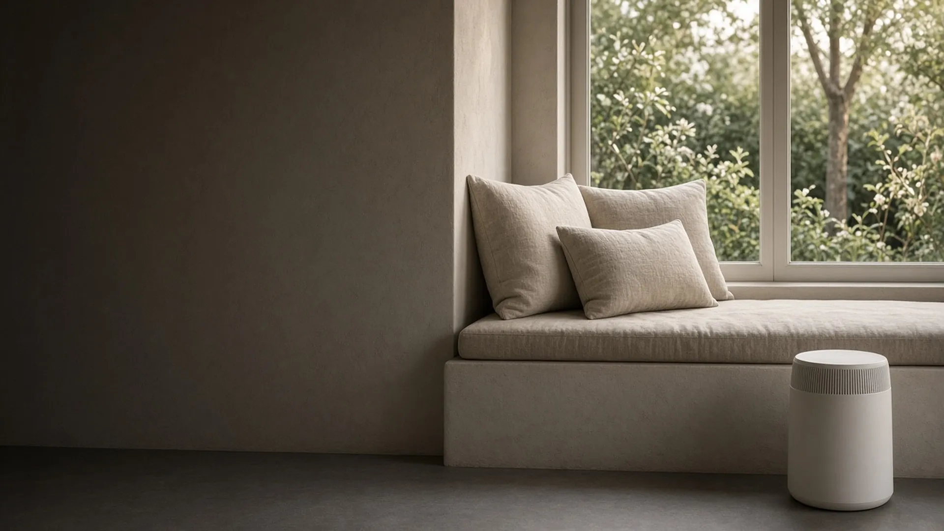A window seat overlooking a garden