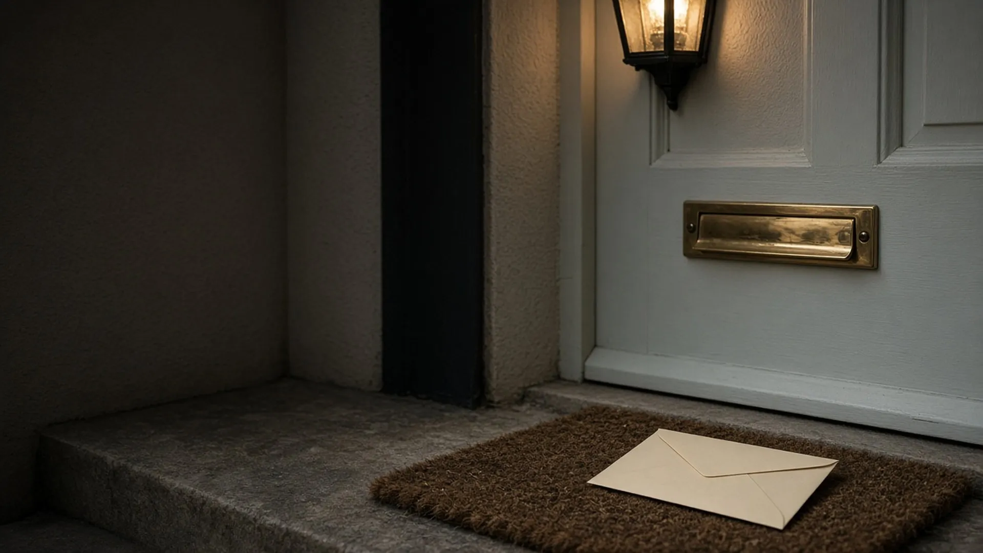 A brass mail slot and a sealed envelope
