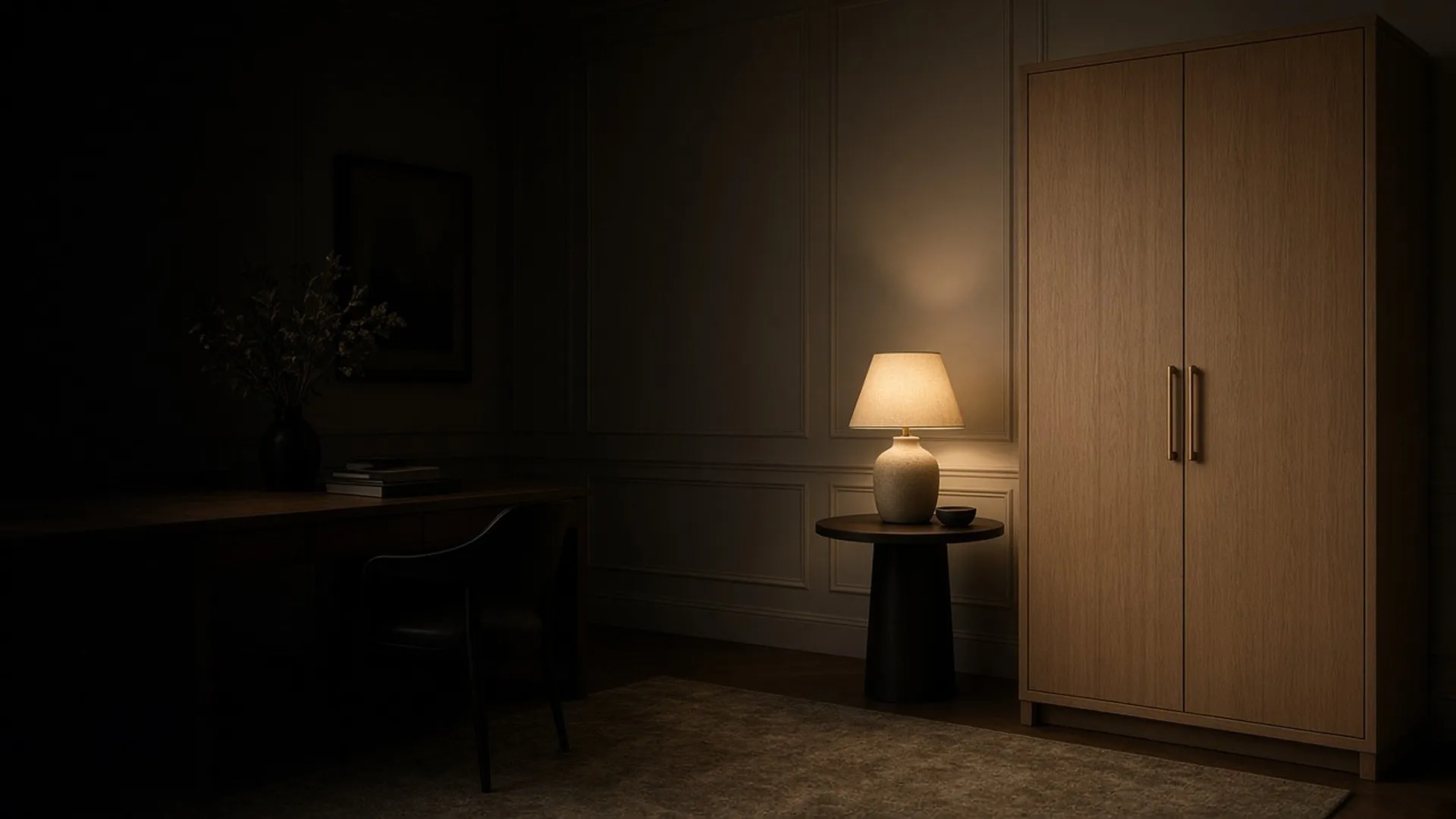 A closed cabinet in a calm study