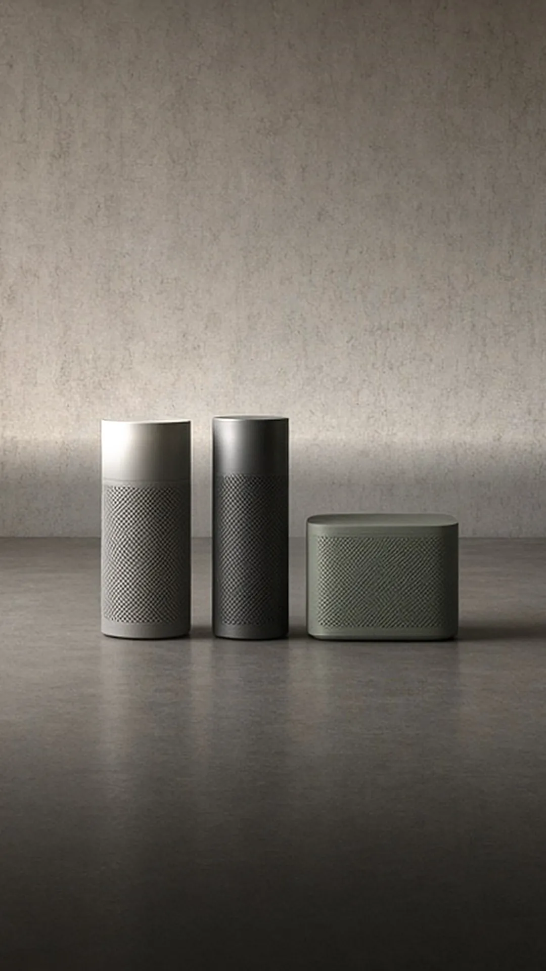 Three plain air purifier shapes on a pale floor