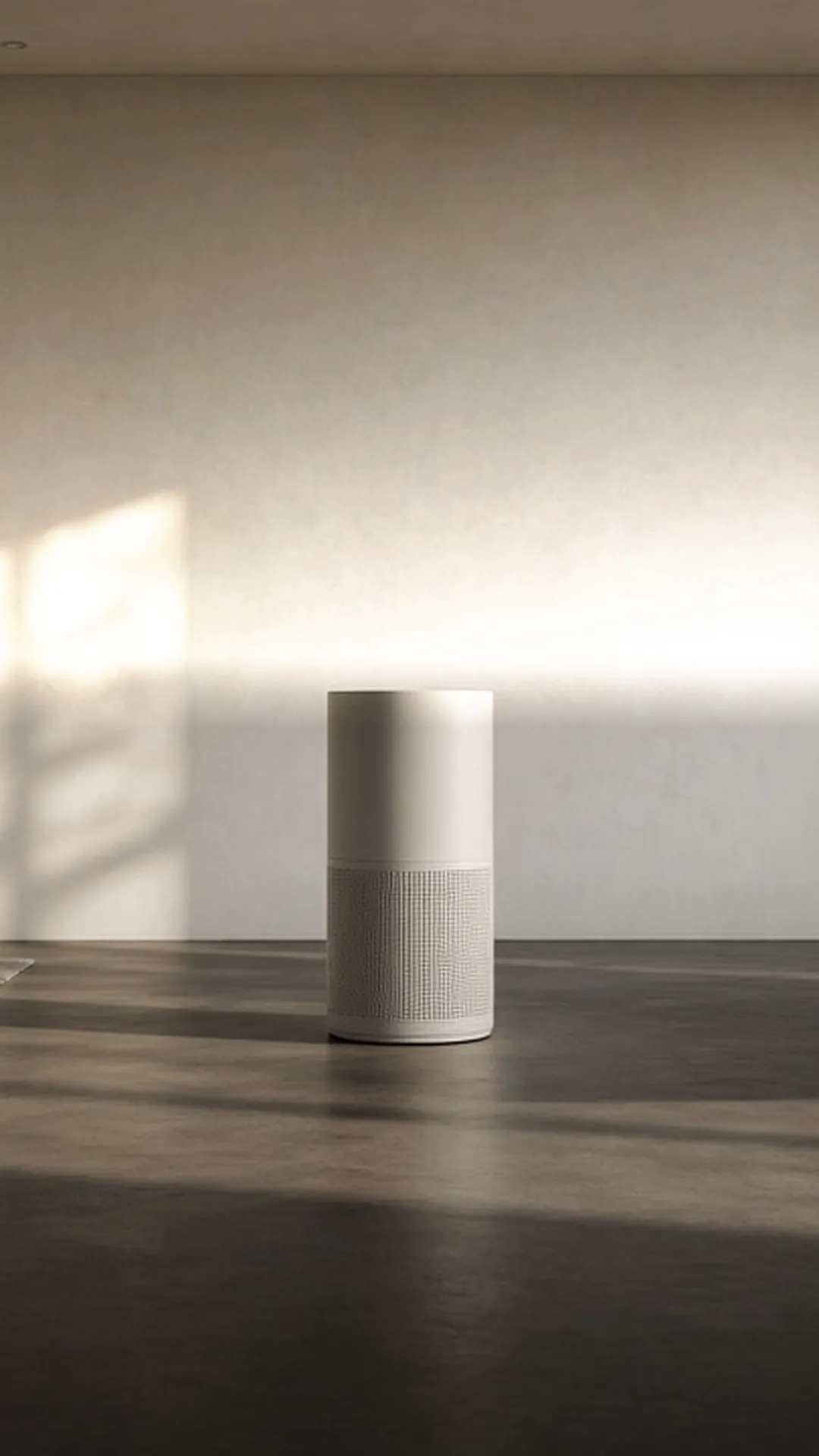 One white cylindrical air purifier on a dark smooth floor by a pale, sunlit wall
