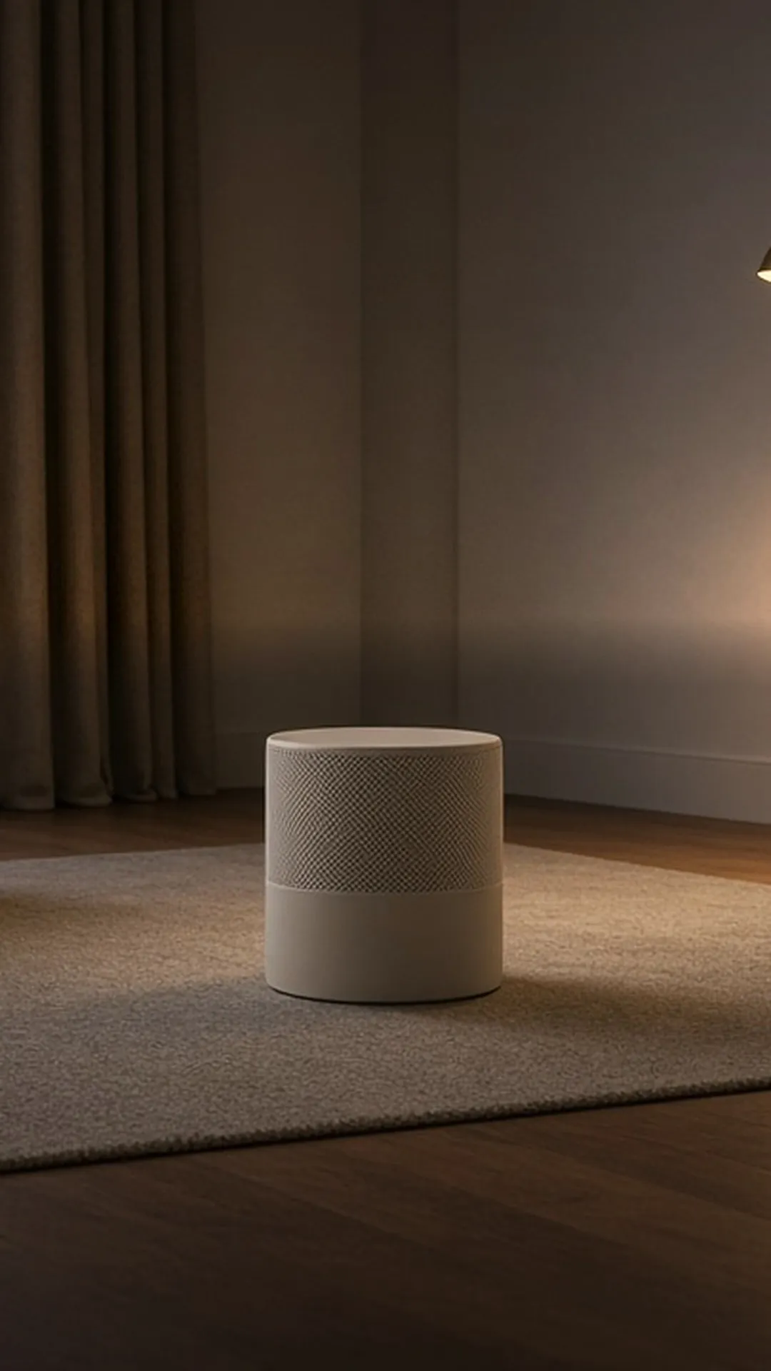 A low round air purifier on a grey rug in a dim room with long curtains