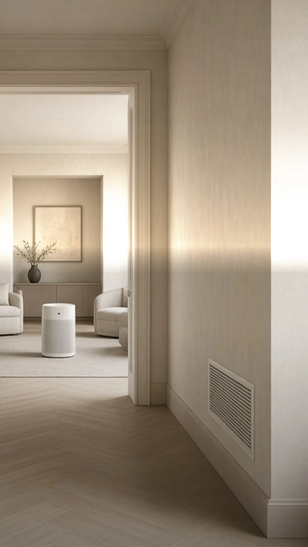 A wall air grille in a hallway and an air purifier beyond