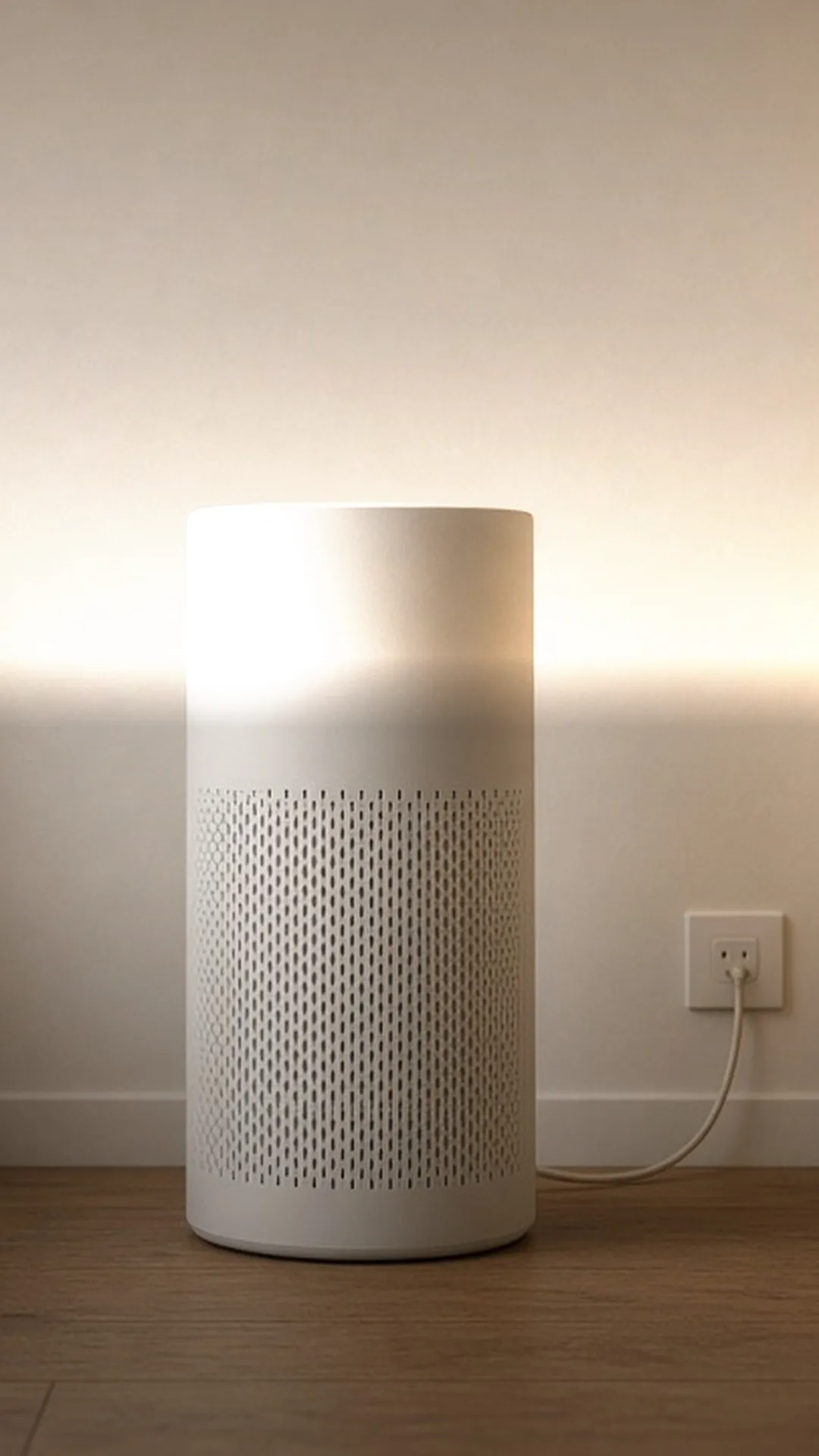 A plain air purifier plugged in beside a wall outlet