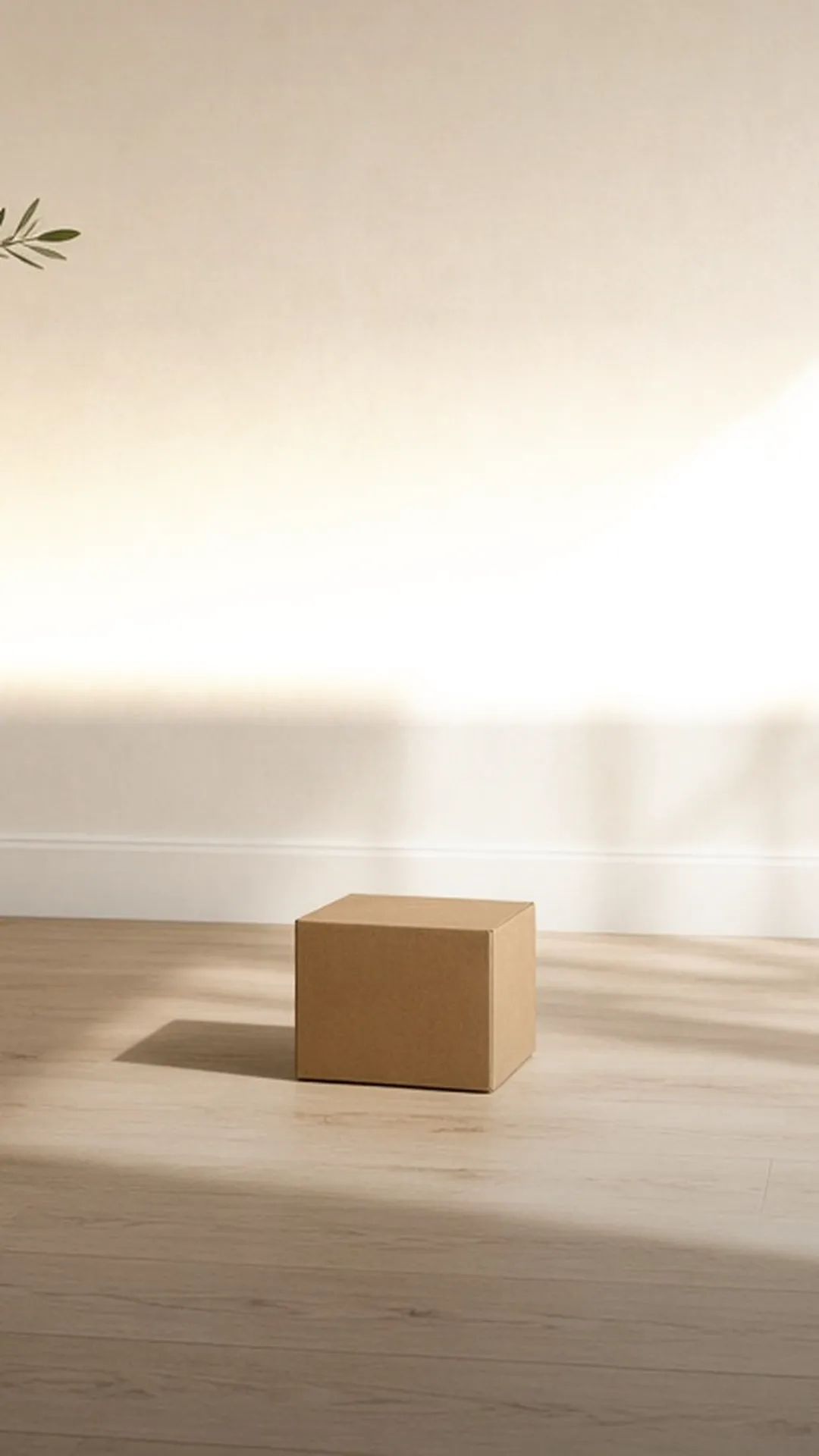 One plain cardboard box on a pale wood floor by a white wall and olive sprig