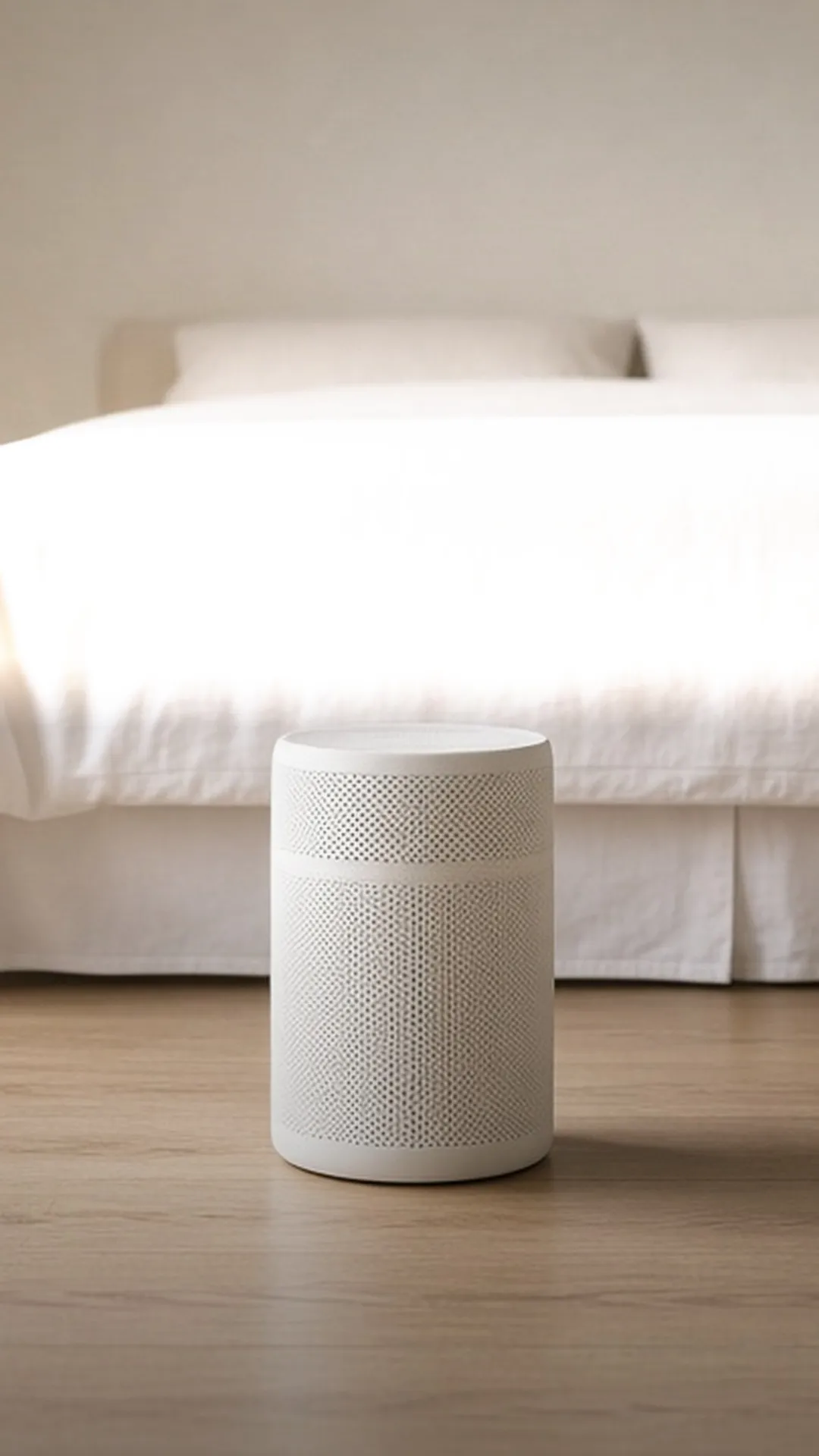 A freshly made bed with a plain air purifier beside it