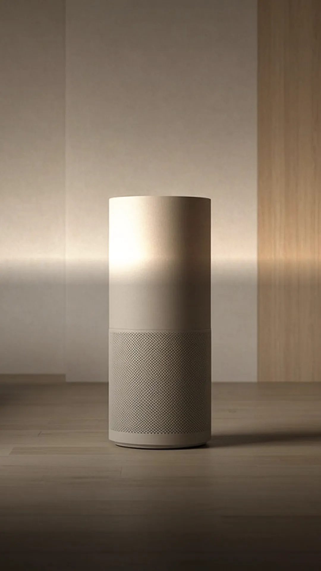 A tall taupe air purifier on pale wood flooring before a plain wall and wood panel