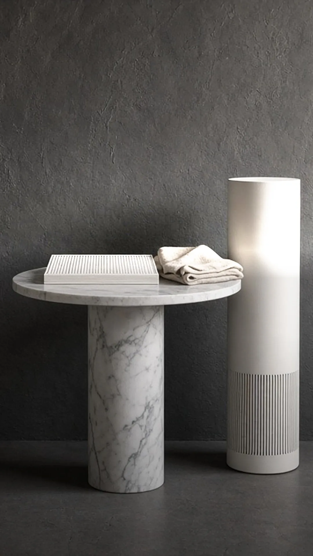 A fresh filter on a side table beside an air purifier