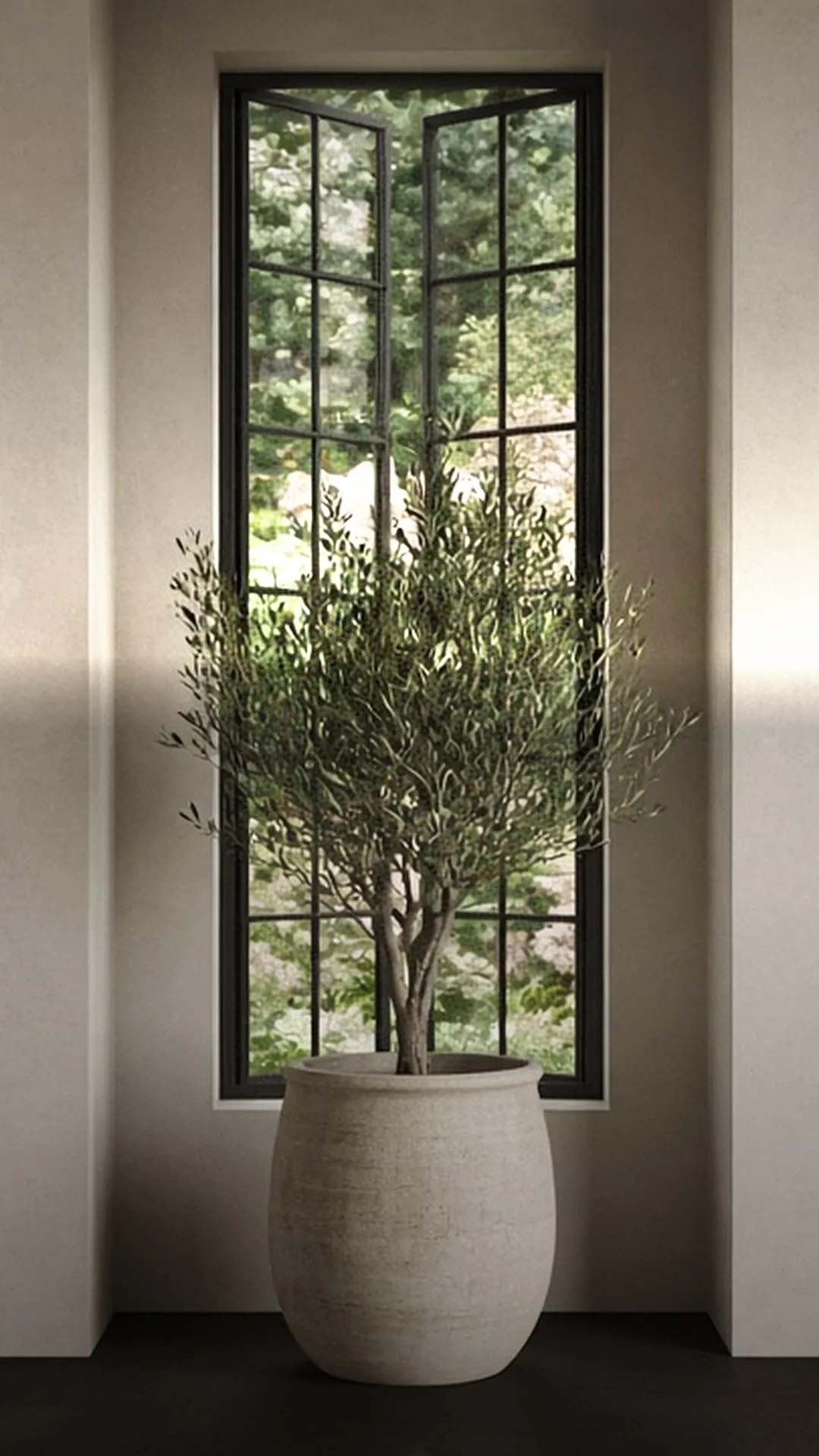 An open window onto a garden in a bright room