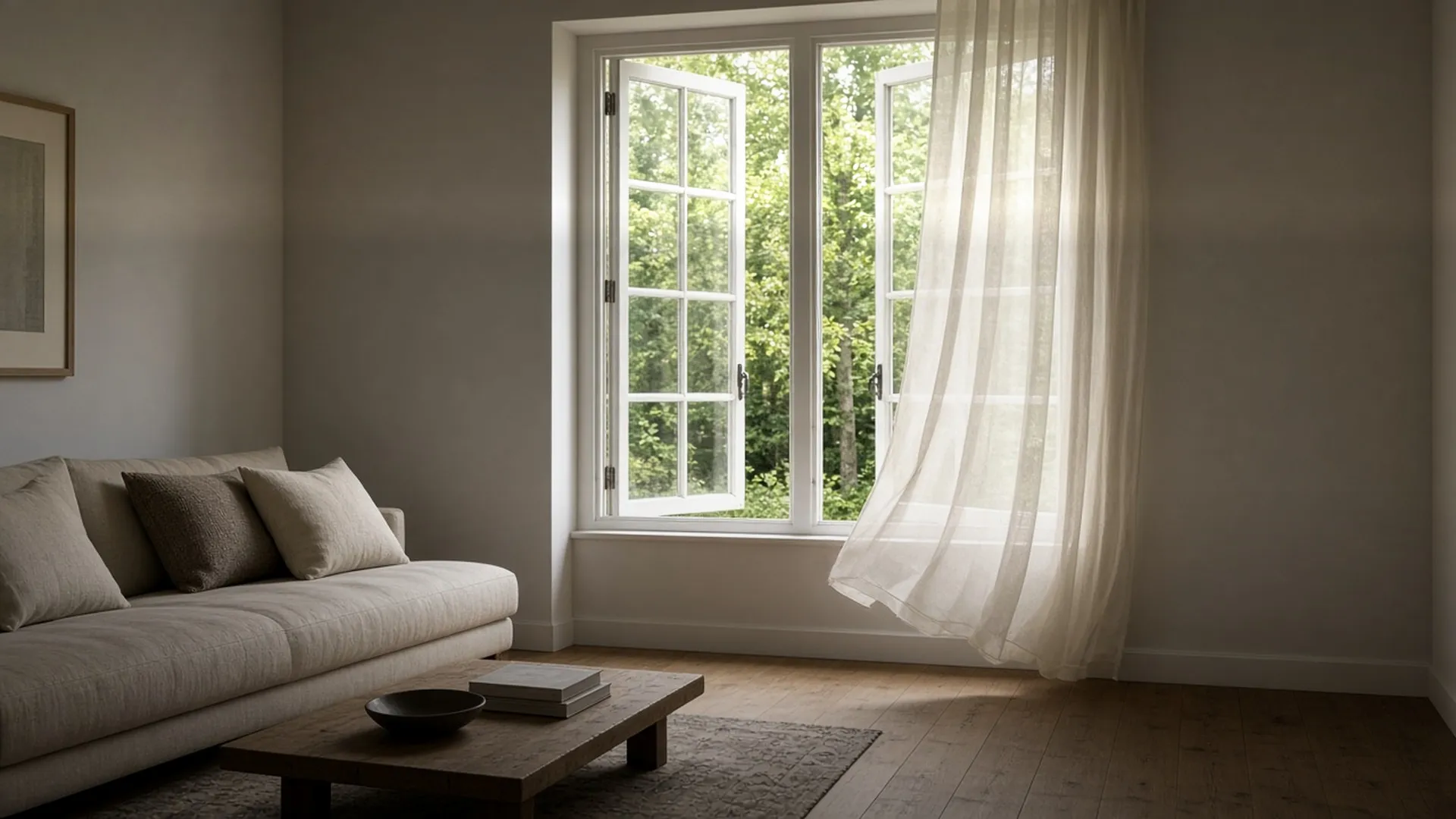 An open window letting fresh air into a calm room