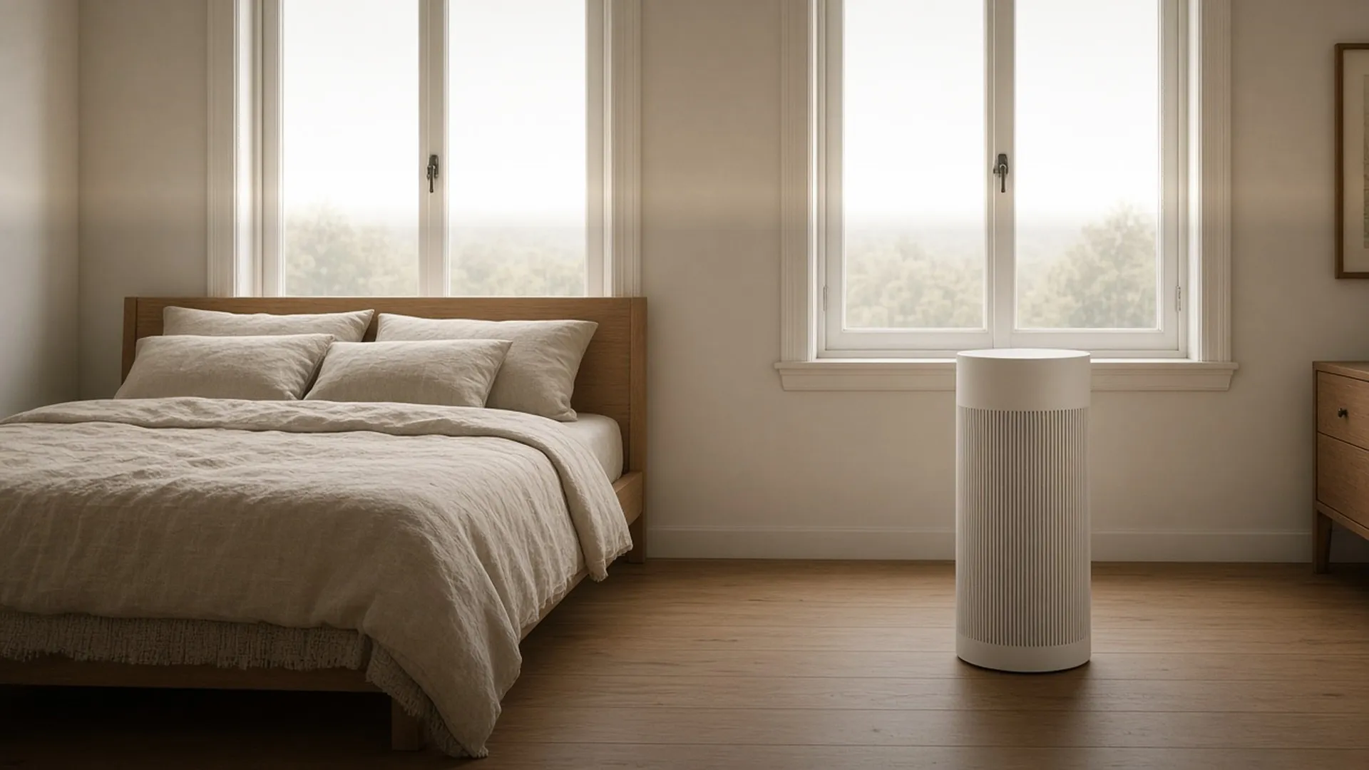 A calm bedroom with windows closed and a plain air purifier